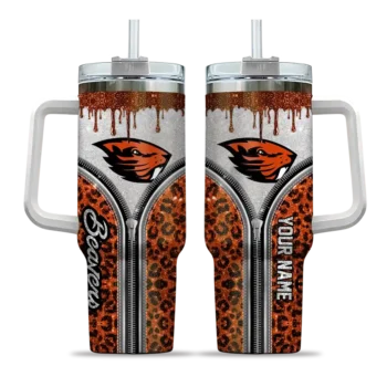 customized oregon state beavers leopard zipper orange curved tumbler best selling.webp