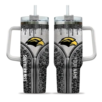 customized southern miss golden eagles leopard zipper black curved tumbler best selling.webp