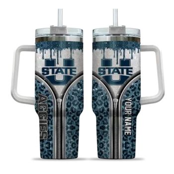 customized utah state aggies leopard zipper navy curved tumbler best selling.webp