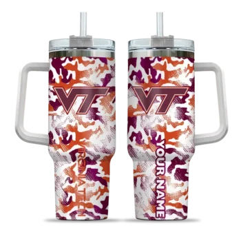 customized virginia tech hokies camo mashup maroon white curved tumbler best selling.webp