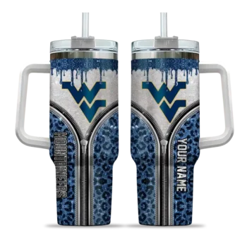customized west virginia mountaineers leopard zipper blue curved tumbler best selling.webp