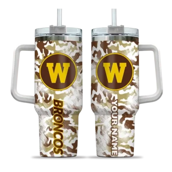 customized western michigan broncos camo mashup brown white curved tumbler best selling.webp