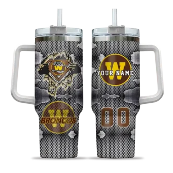 customized western michigan broncos superman shield brown gray curved tumbler best selling.webp