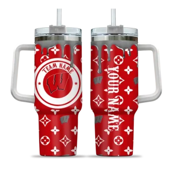 customized wisconsin badgers bullseye drips red curved tumbler best selling.webp