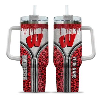 customized wisconsin badgers leopard zipper red curved tumbler best selling.webp