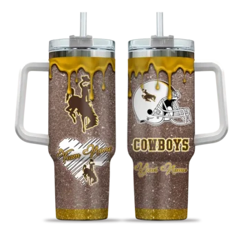customized wyoming cowboys heart helmet motif brown curved tumbler best selling.webp