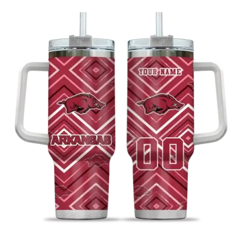 personalized arkansas razorbacks bold diamonds red curved tumbler best selling.webp