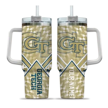 personalized georgia tech yellow jackets chevron angle gold curved tumbler best selling.webp