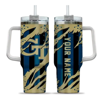personalized georgia tech yellow jackets claw cut gold black curved tumbler best selling.webp