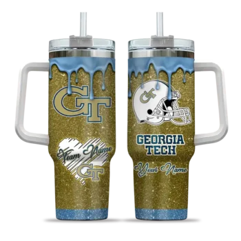 personalized georgia tech yellow jackets heart helmet motif gold curved tumbler best selling.webp