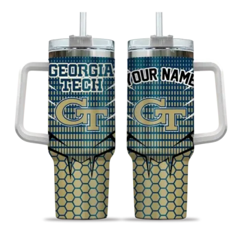 personalized georgia tech yellow jackets hex texture gold curved tumbler best selling.webp