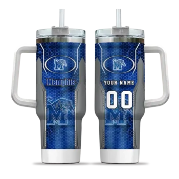 personalized memphis tigers hexagon armor blue curved tumbler best selling.webp