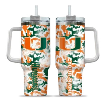 personalized miami hurricanes camo mashup orange white curved tumbler best selling.webp