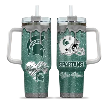 personalized michigan state spartans heart helmet motif green curved tumbler best selling.webp