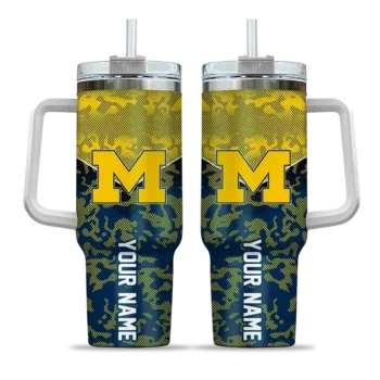personalized michigan wolverines chevron stripe blue curved tumbler best selling.webp