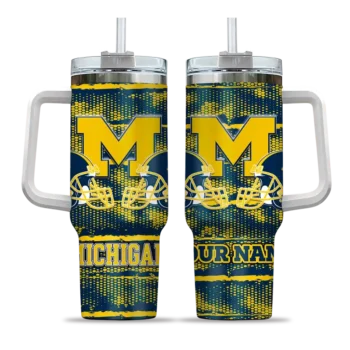 personalized michigan wolverines honey streaks blue curved tumbler best selling.webp