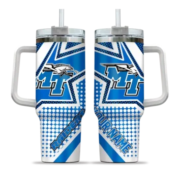 personalized middle tennessee blue raiders arrow burst blue curved tumbler best selling.webp