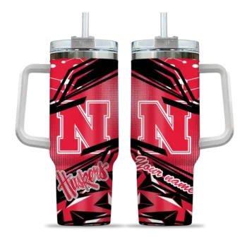 personalized nebraska cornhuskers abstract paths red curved tumbler best selling.webp
