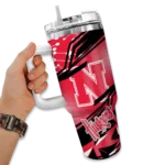 personalized nebraska cornhuskers abstract paths red curved tumbler best selling.webp
