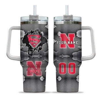 personalized nebraska cornhuskers superman shield red gray curved tumbler best selling.webp