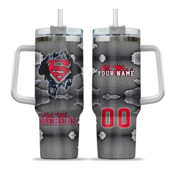 personalized ole miss rebels superman shield red gray curved tumbler best selling.webp