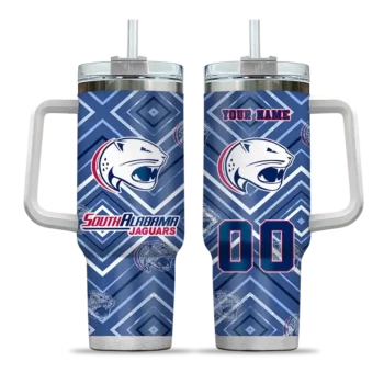 personalized south alabama jaguars bold diamonds blue curved tumbler best selling.webp