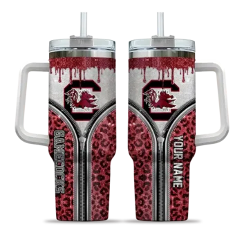 personalized south carolina gamecocks leopard zipper garnet curved tumbler best selling.webp