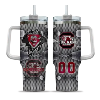 personalized south carolina gamecocks superman shield garnet gray curved tumbler best selling.webp
