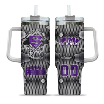 personalized tcu horned frogs superman shield purple gray curved tumbler best selling.webp
