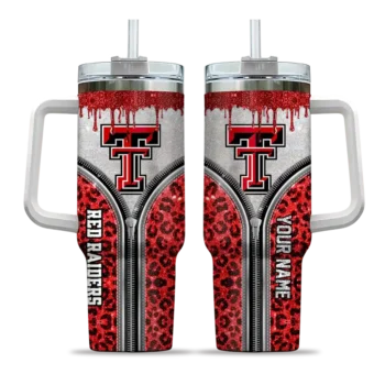 personalized texas tech red raiders leopard zipper red curved tumbler best selling.webp
