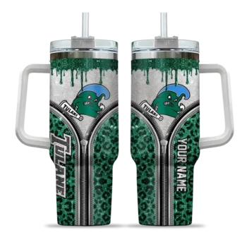personalized tulane green wave leopard zipper green curved tumbler best selling.webp
