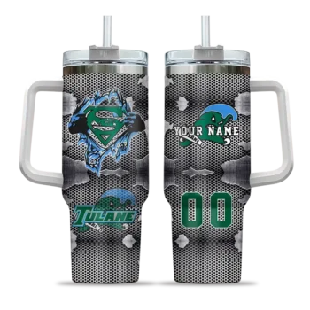 personalized tulane green wave superman shield green gray curved tumbler best selling.webp