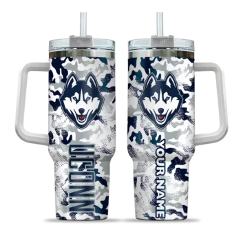 personalized uconn huskies camo mashup blue white curved tumbler best selling.webp
