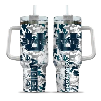 personalized utah state aggies camo mashup navy white curved tumbler best selling.webp