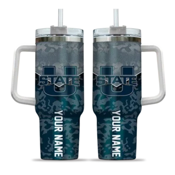 personalized utah state aggies chevron stripe navy curved tumbler best selling.webp