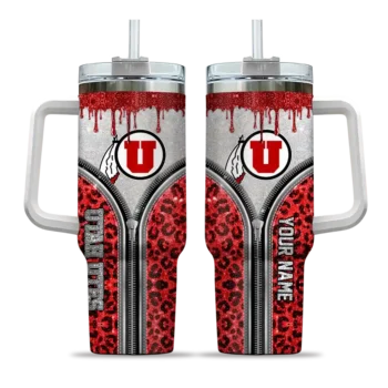 personalized utah utes leopard zipper red curved tumbler best selling.webp