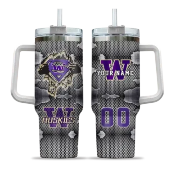 personalized washington huskies superman shield purple gray curved tumbler best selling.webp