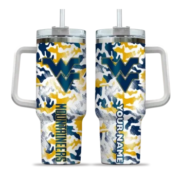 personalized west virginia mountaineers camo mashup blue white curved tumbler best selling.webp