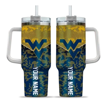 personalized west virginia mountaineers chevron stripe blue curved tumbler best selling.webp