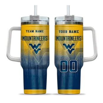 personalized west virginia mountaineers gradient dots blue curved tumbler best selling.webp