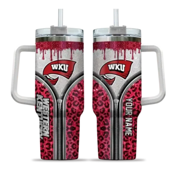 personalized western kentucky hilltoppers leopard zipper red curved tumbler best selling.webp