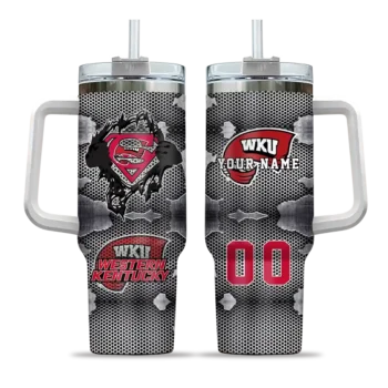 personalized western kentucky hilltoppers superman shield red gray curved tumbler best selling.webp