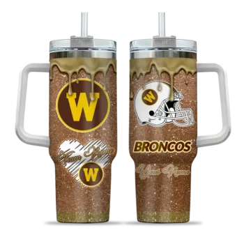personalized western michigan broncos heart helmet motif brown curved tumbler best selling.webp