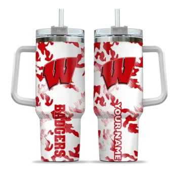 personalized wisconsin badgers camo mashup red white curved tumbler best selling.webp