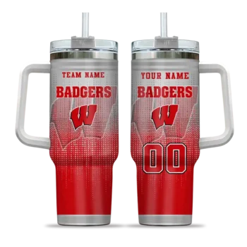 personalized wisconsin badgers gradient dots red curved tumbler best selling.webp