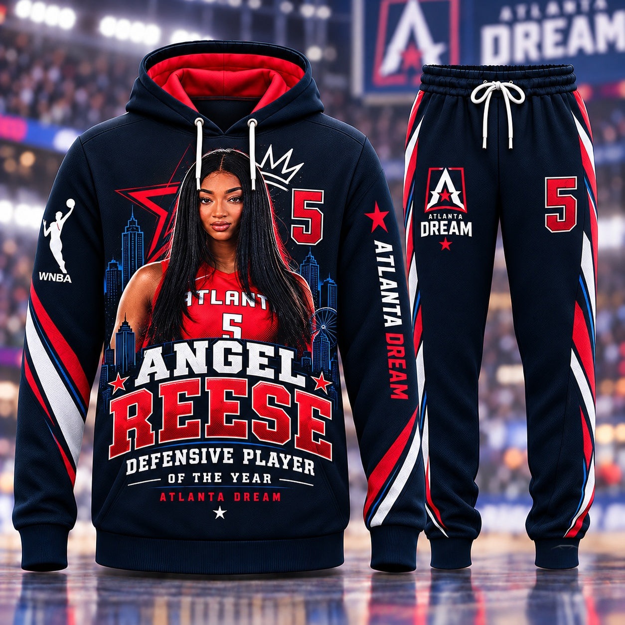 Atlanta Dream WNBA Basketball Player Hoodie and Sweatpants Set Black/Red All over Print Unisex Atlanta Dream WNBA Basketball Player Hoodie and Sweatpants Set - Black/Red All-over Print - Unisex