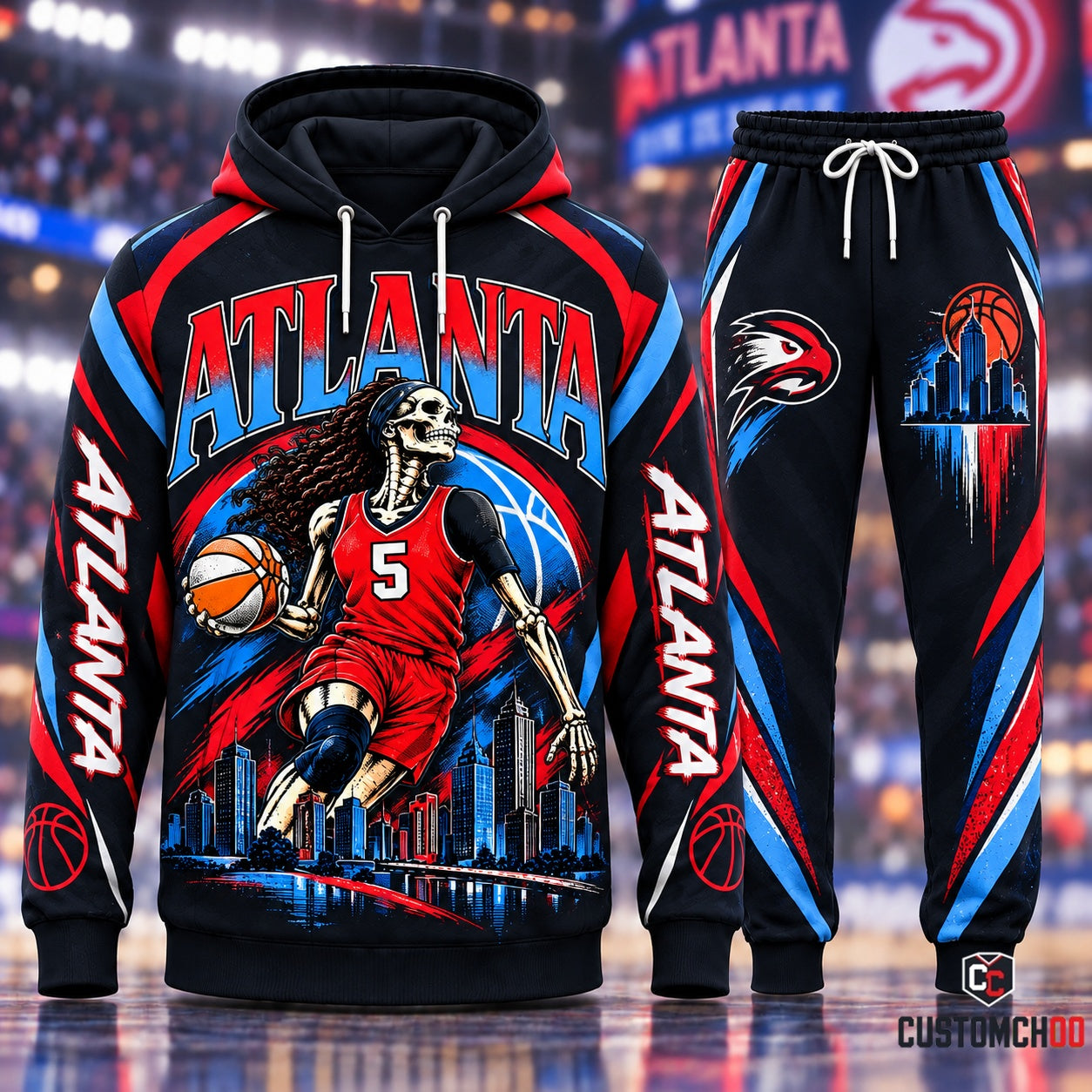 wm 46460632039637.jpg Atlanta Dream WNBA Basketball Player Hoodie and Sweatpants Set - Black/Red All-over Print - Unisex - view 4