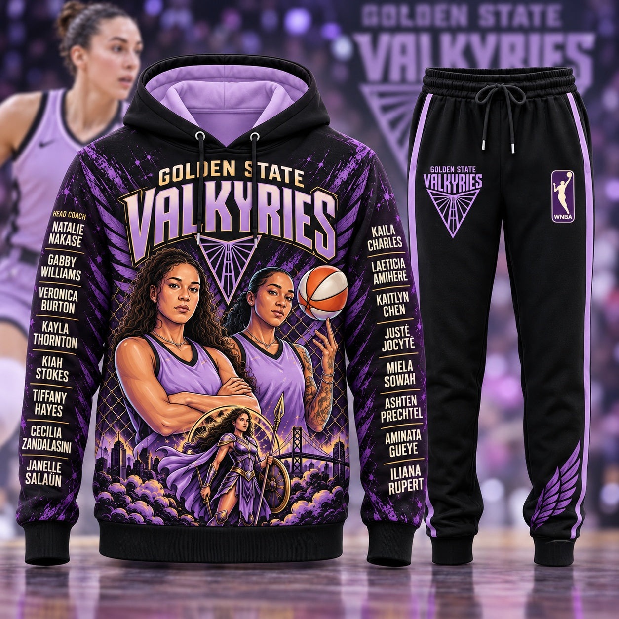 Golden State Valkyries WNBA Basketball Players Hoodie and Sweatpants Set Black/Purple Comic Print Women's Golden State Valkyries WNBA Basketball Players Hoodie and Sweatpants Set - Black/Purple Comic Print - Women's