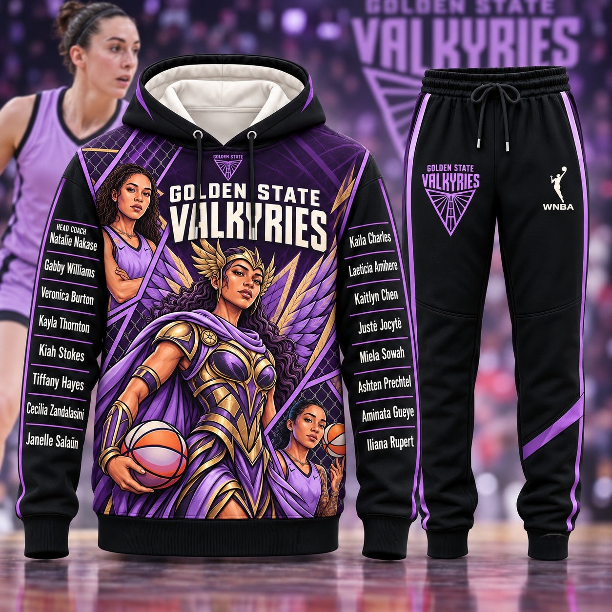 Golden State Valkyries WNBA Basketball Players Hoodie and Sweatpants Set Black/Purple Comic Print Women's Golden State Valkyries WNBA Basketball Players Hoodie and Sweatpants Set - Black/Purple Comic Print - Women's