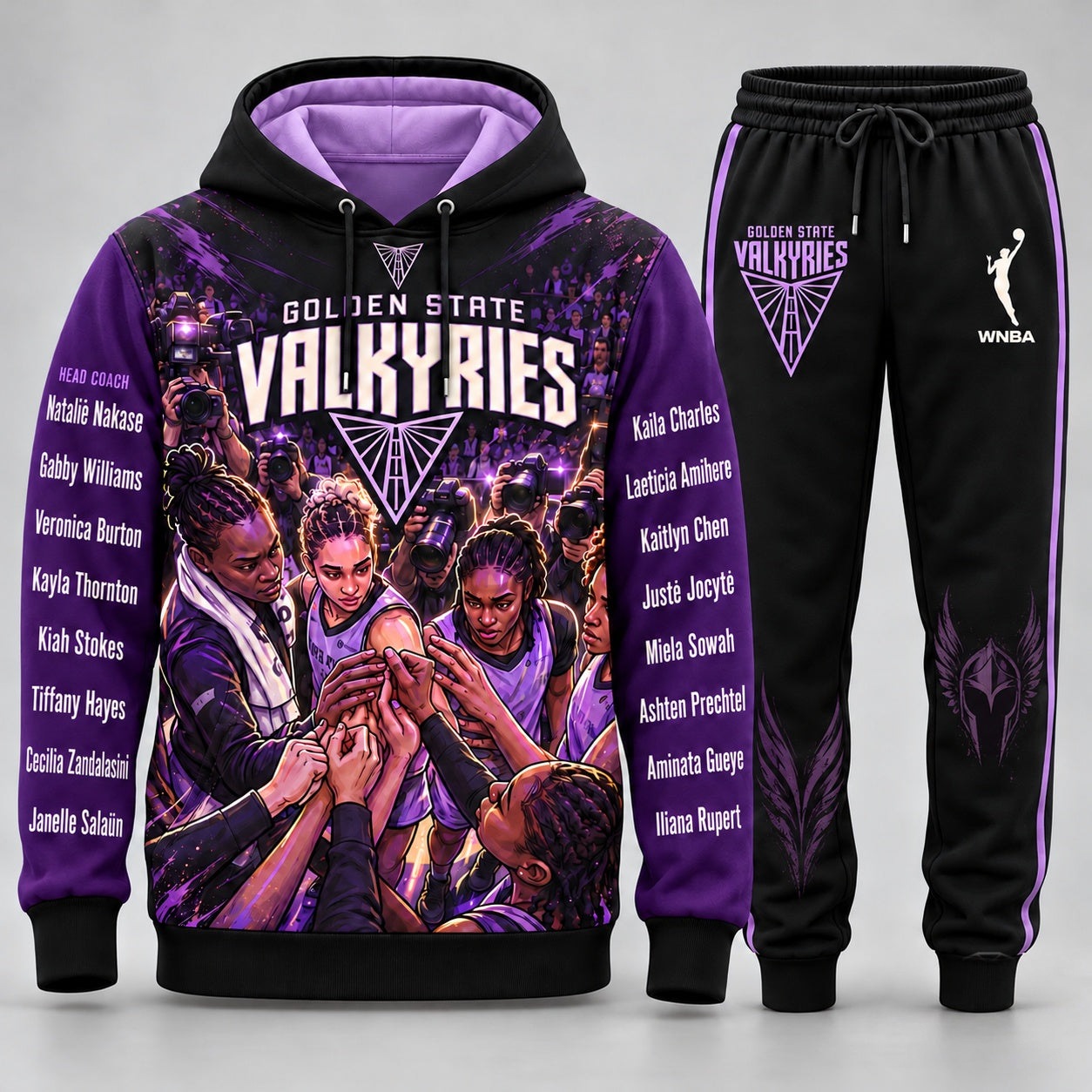Golden State Valkyries WNBA Basketball Players Hoodie and Sweatpants Set Black/Purple Comic Print Women's Golden State Valkyries WNBA Basketball Players Hoodie and Sweatpants Set - Black/Purple Comic Print - Women's